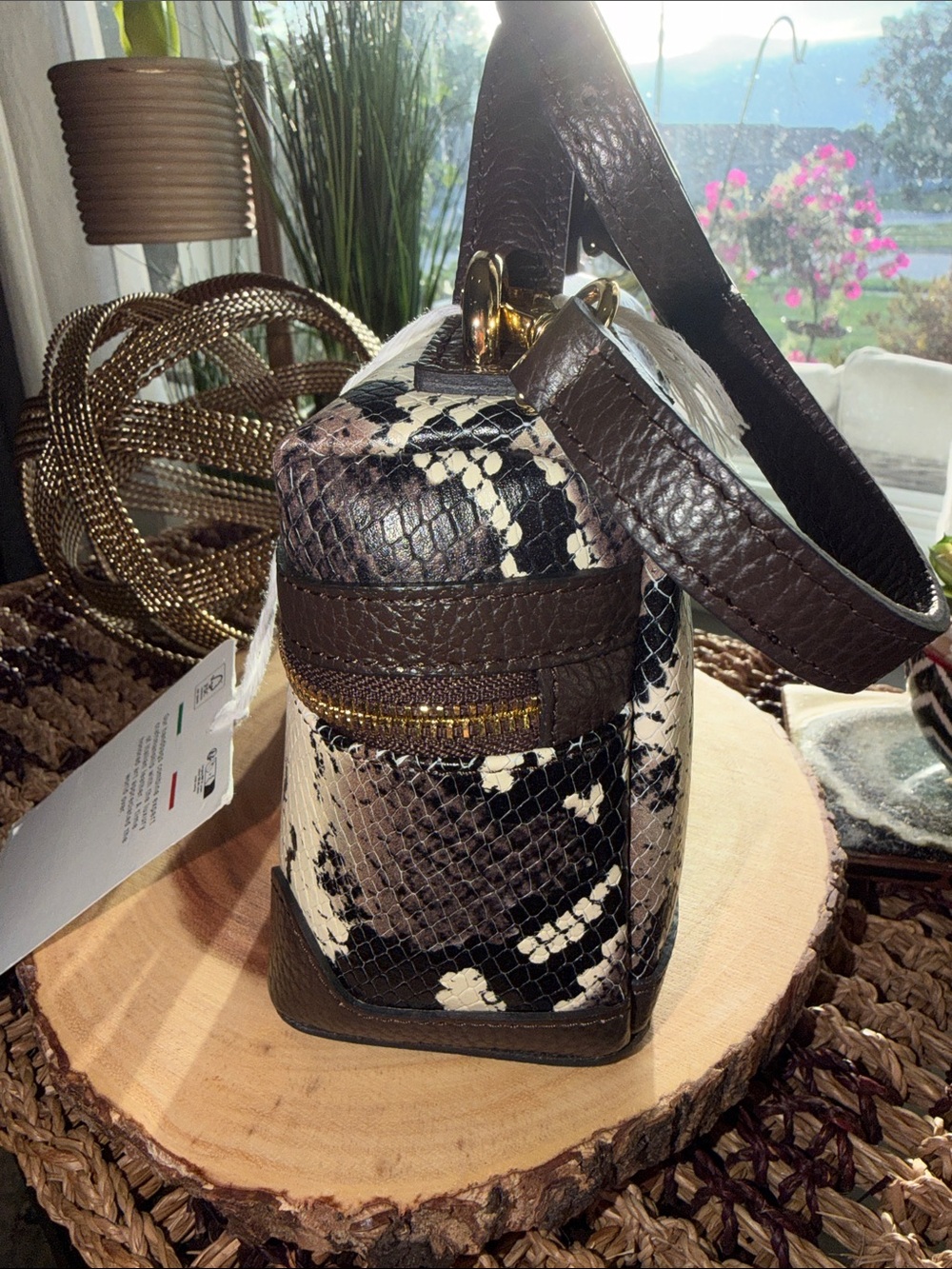 Python-Texture Top Handle Crossbody Bag in Black and Cream - Picture 4 of 7